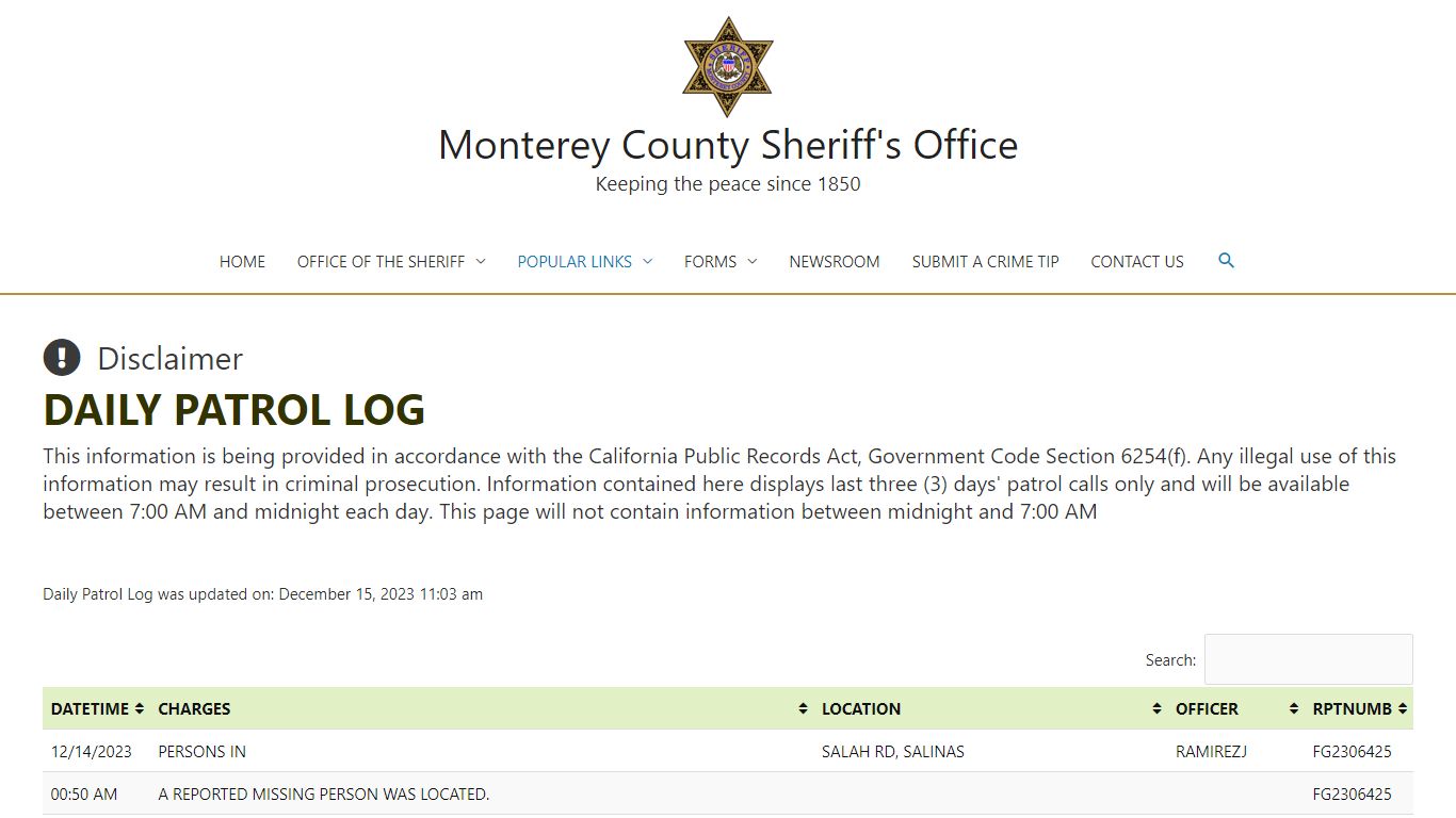 DAILY PATROL LOG – Monterey County Sheriff's Office